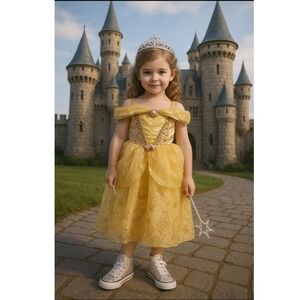 Disney Belle Princess Dress Halloween Costume Gold Roses Sequin Size 7/8 Girls